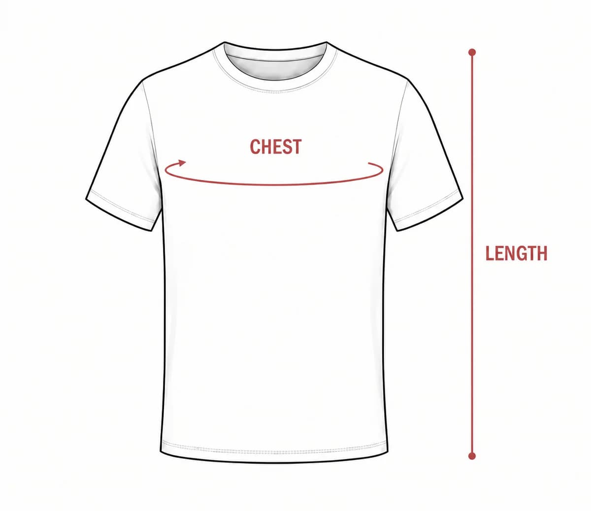 Adult T-shirt showing where to measure the chest and length